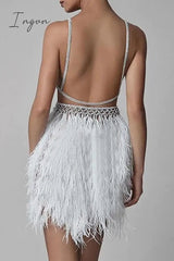 Ingvn - Sexy Party Hollowed Out Feathers V Neck Evening Dress Dresses
