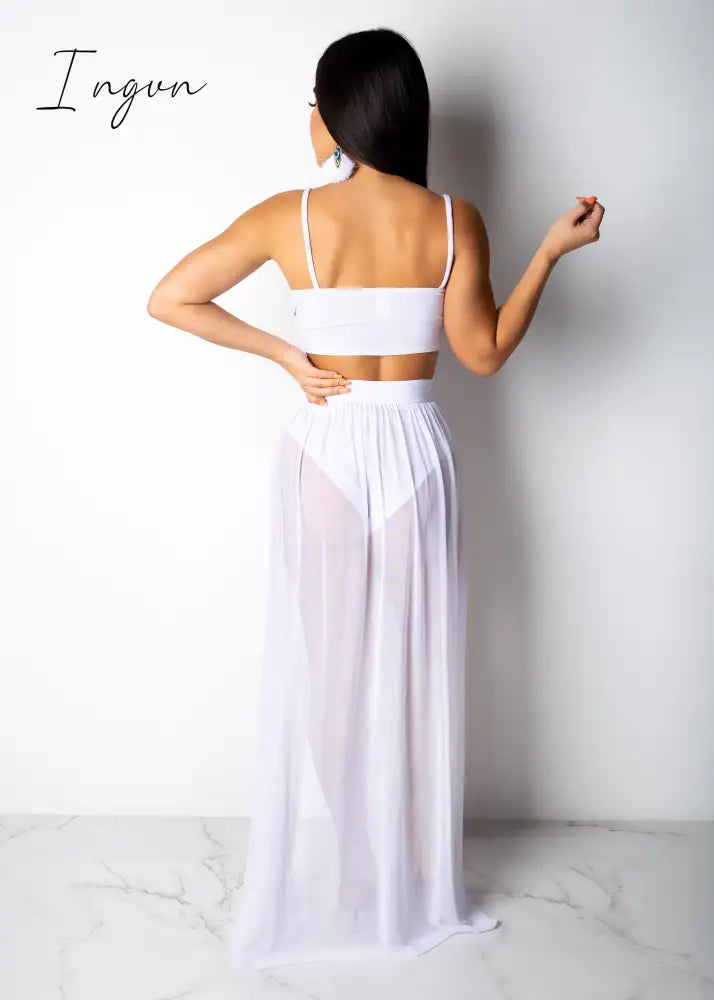 Ingvn - Sexy Women Set Two Pieces Spaghetti Strap Top Long Slit Skirt Summer Chiffon 2 Pieces Set Outfit Solid Pattern Outdoor Wear