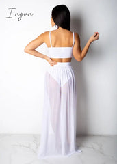 Ingvn - Sexy Women Set Two Pieces Spaghetti Strap Top Long Slit Skirt Summer Chiffon 2 Pieces Set Outfit Solid Pattern Outdoor Wear