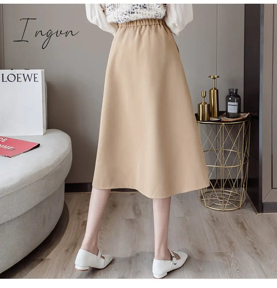 Ingvn - New Spring Summer High Waist Midi Skirt Women Casual Pocket Solid Color Loose A-Line Umbrella Skirt Female Petticoat