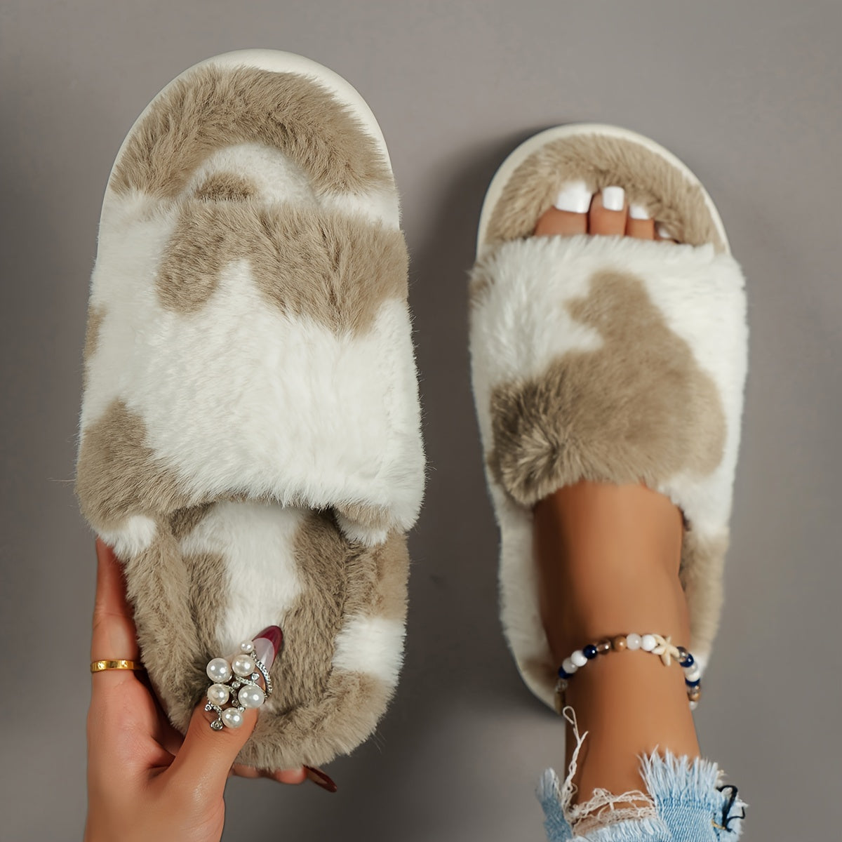 CozyPlus Furry House Slippers - Slippers with Single Band Open Toe Platform, Fuzzy Comfy Warm Design for Home Relaxation - Perfect for Cold Winter Days