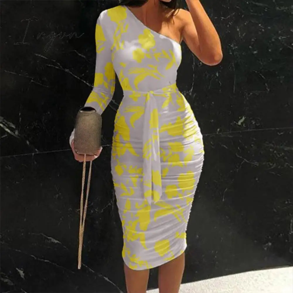 Ingvn - Women Clothing Asymmetric Collar High Waist Robe Slit Dress Chic Solid Short Sleeve Elegant Fashion Prom Banquet Dress New