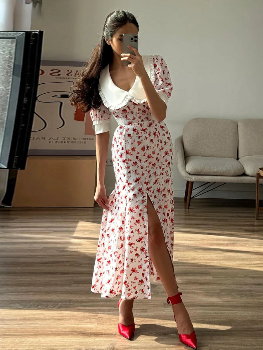 Ingvn  Fashion Slim Print Women's Dress Summer Lapel Short Sleeve Ankle Length Dresses Elegant High Waist Slit Female Dress