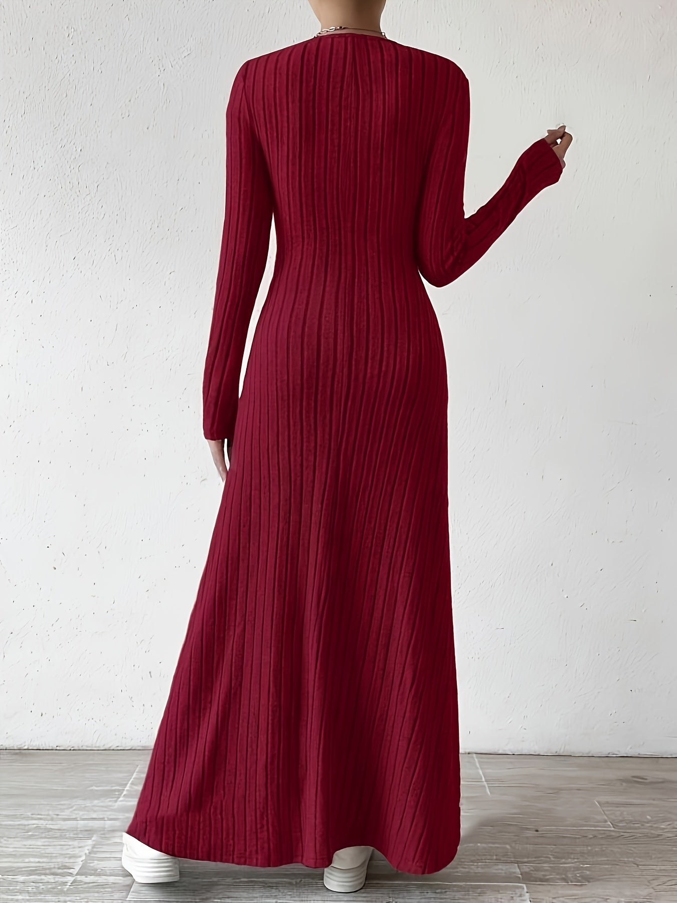 Long Sleeve Ankle Ribbed Crew Neck Sweater Dress for Fall & Winter, Elegant Women's Clothing