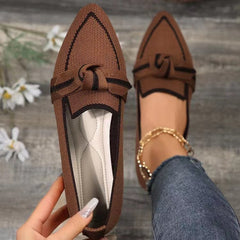 Slimming pointed toe plus size flat single-layer shoes for women fashionable flying woven slip-on bow casual breathable color matching single