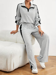 Stylish Color Block Ribbed Pantsuits - Long Sleeve Lapel Drop Shoulder Top, Wide Leg Pants, Comfortable, Relaxed Fit, Chic Outfit for Women - Perfect for Daily Wear, Casual Occasions