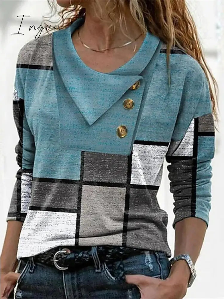 Ingvn - Women's T shirt Tee Red Navy Blue Blue Geometric Abstract Button Print Long Sleeve Casual Weekend Basic Pile Neck V Neck Geometric Painting