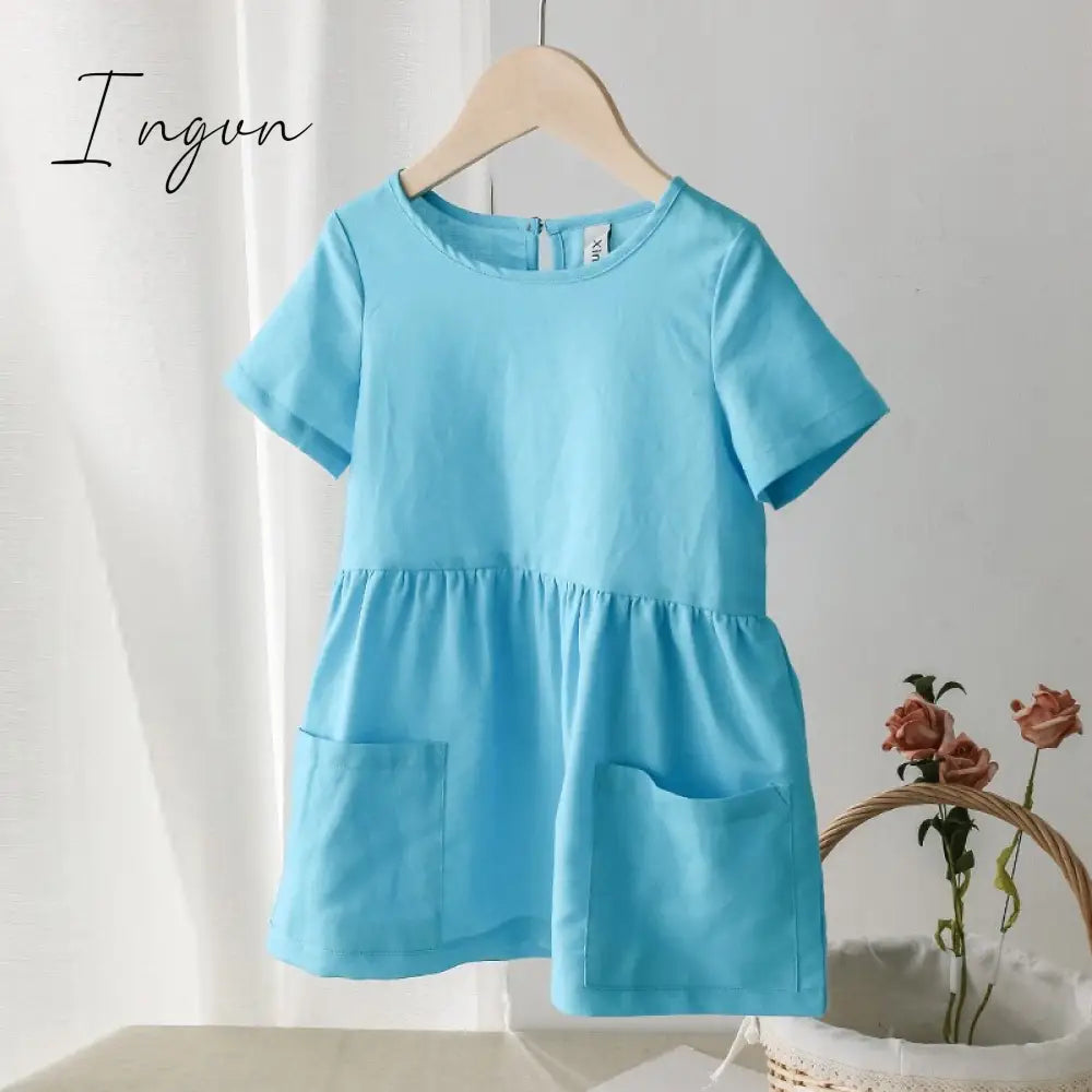 Ingvn - Fashion Cotton Linen Summer Girl Dress Yellow Casual Short Sleeve Kids Holiday Dress With Pockets TZ20