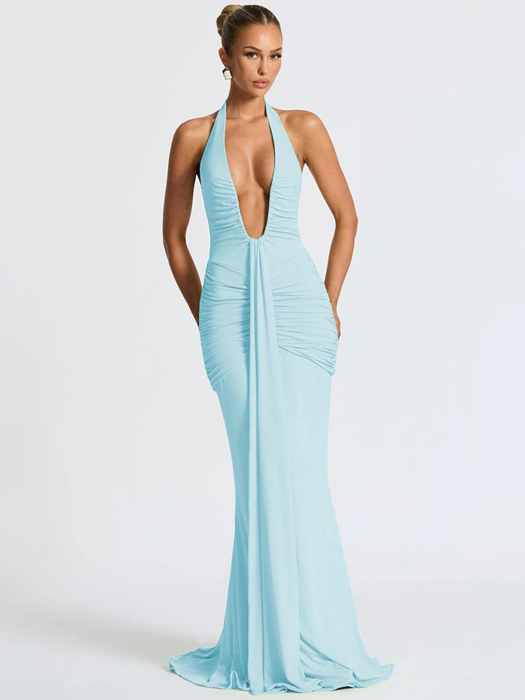 Deep V Neck Backless Ruched Sexy Maxi Dress Women Gown Summer Halter Sleeveless Draped Club Party Long Dress
