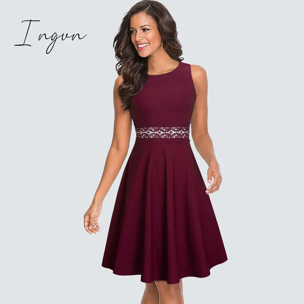 Ingvn - Women Vintage Casual Round Neck A line Summer Elegant Floral Lace Patchwork Sleeveless Tunic Party Swing Dress HA079