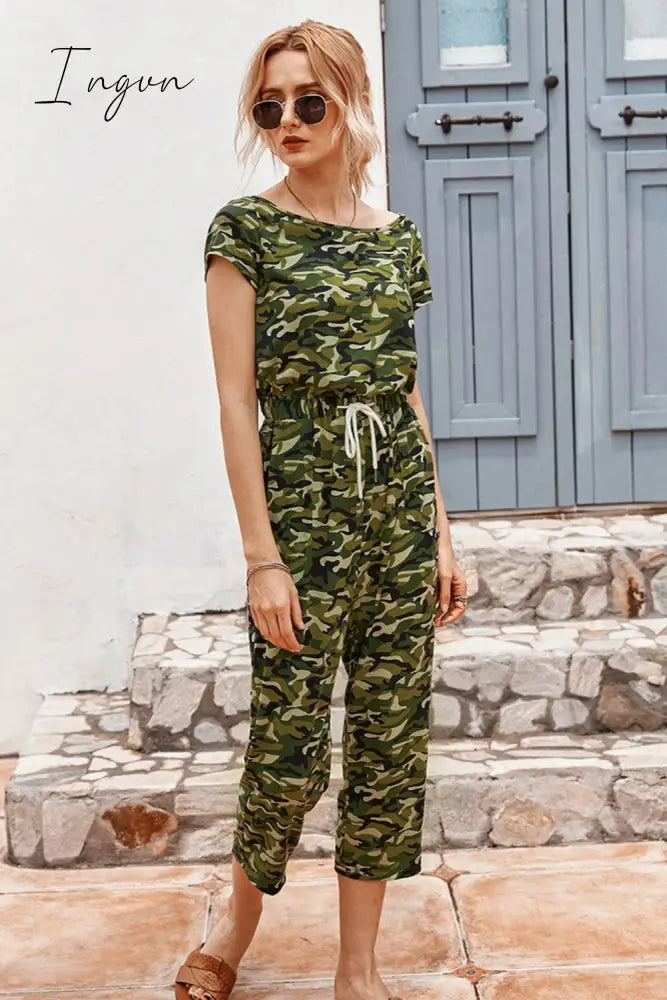 Ingvn - Camouflage Drawstring Crop Leg Jumpsuit