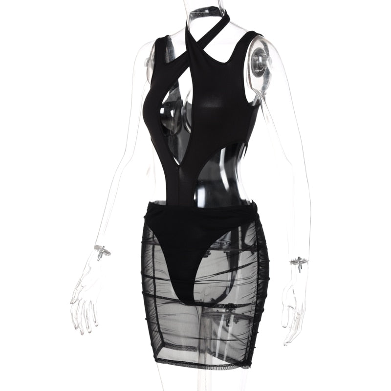 Short Sleeve Halter Hollow Out Hole Backless Bodycon Dress Summer Sexy Women Streetwear Y2K Party Casual Club