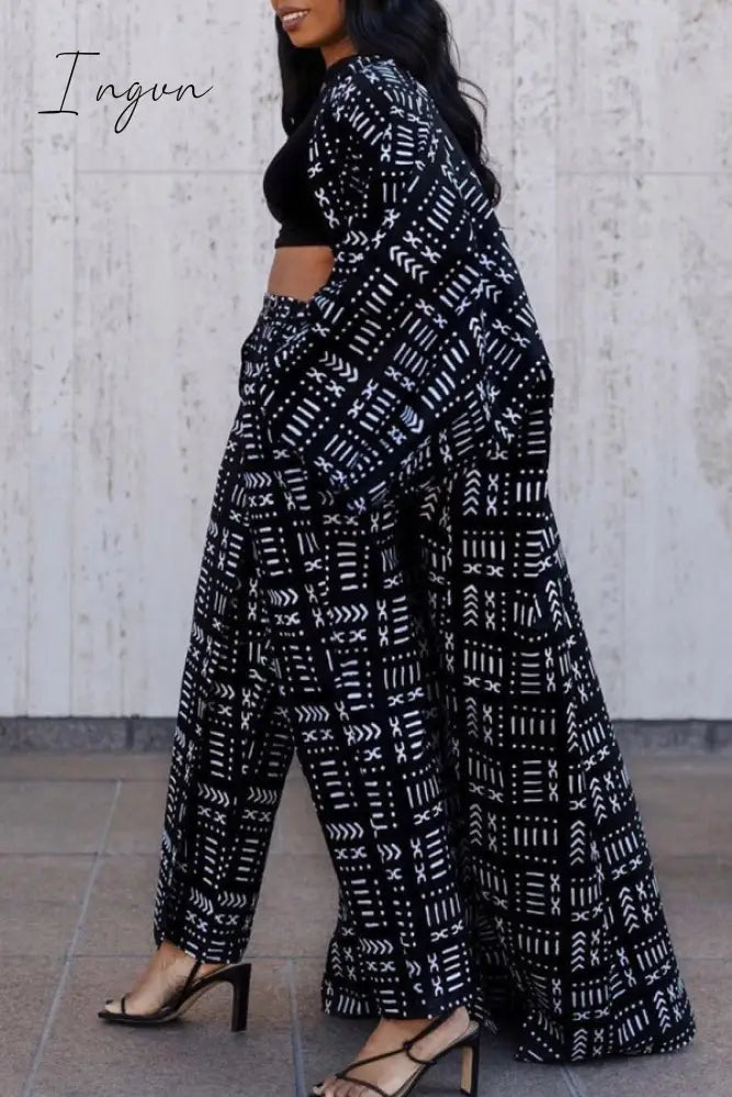 Ingvn - White Casual Street Print Patchwork Cardigan Collar Plus Size Overcoat