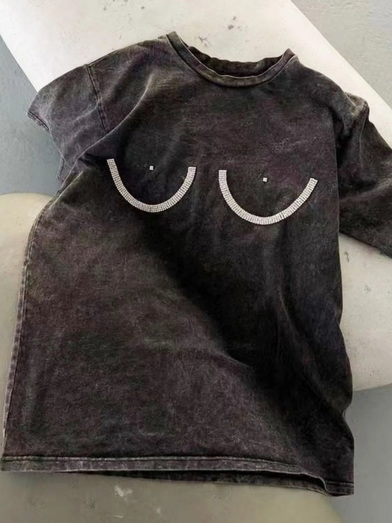 Rhinestone Round Neck Washed T-Shirt