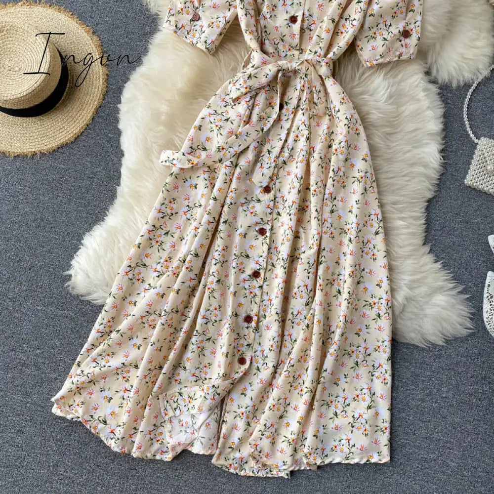 Ingvn - beach Red elegant sexy Dress women Summer Autumn V-neck polka dot midi dress waist split dress vestidos de fiesta clothes