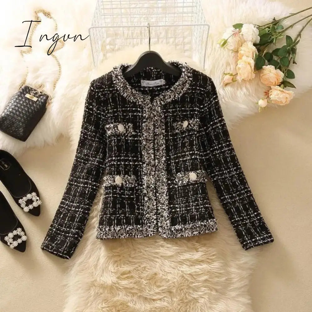 Ingvn - 2023 Trends Hot Sale Kurta For Women Cropped Tweed Coat Vintage O-Neck Open Stitch Tassel Slim Plaid Jacket Korean Blends Wool Outwear Tops Female