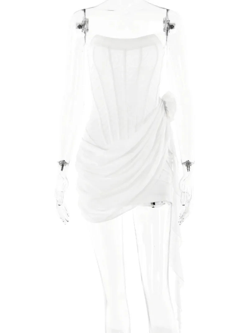 Ingvn  Fashion Strapless Flower Bandage Mini Dresses for Women White Black Sexy Female Sleeveless Tunics Lace-up Evening Party Dress
