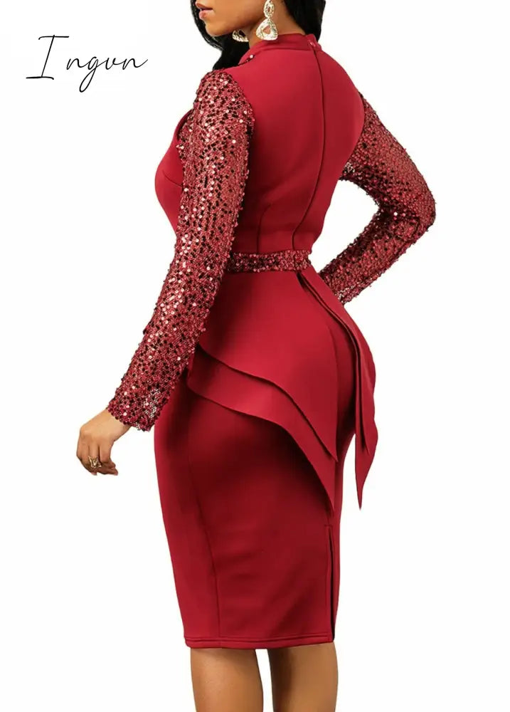Ingvn - New arrival spring sexy lady 3 colors mid dress zipper fly ruffles bud dress full sleeve slivers office lady new dress