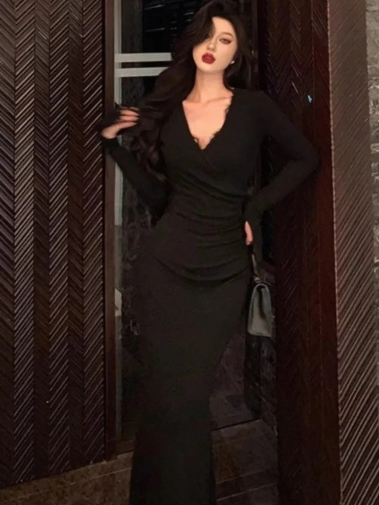 Autumn Lace Patchwork Mermaid Dress Women Elegant V-Neck Long Flare Sleeve Slim Bodycon Vestidos Vintage Chic Evening Party Robe