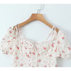 Sexy Elegant Women French Style Floral Print Dress Vintage Puff Sleeve Female Summer Holiday Party Dresses Slim Mini Robe
