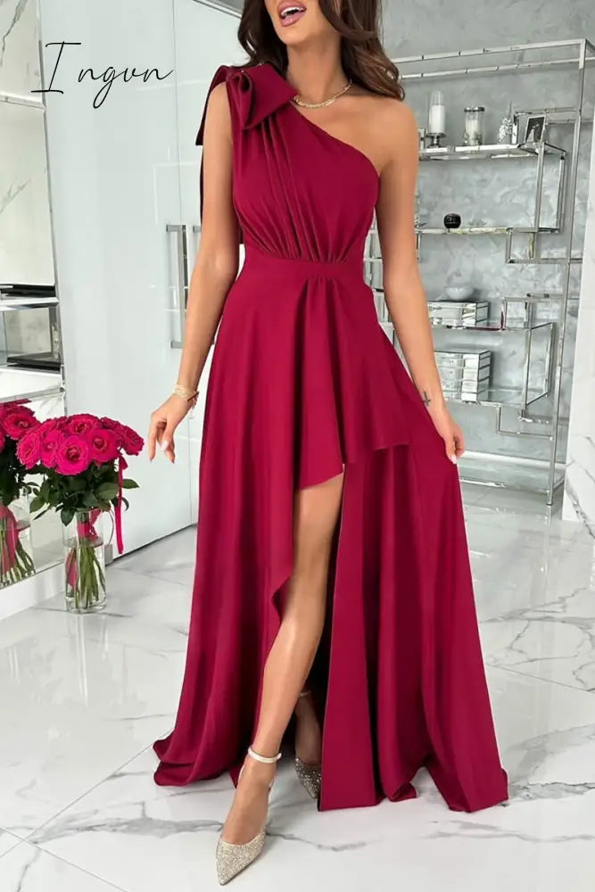 Ingvn - Casual Simplicity Solid Asymmetrical With Bow Oblique Collar Irregular Dress Dresses