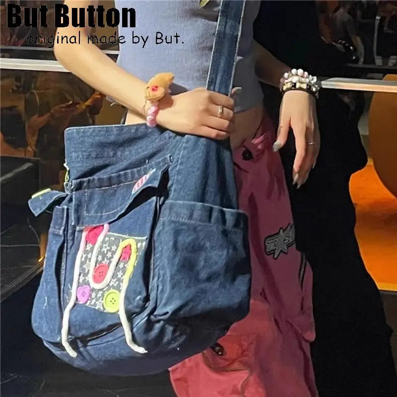 Ingvn  Y2k Girl Vintage Harajuku Punk Gothic Multi Pocket Denim Designer Large Capacity One Shoulder Handbag Womens Crossbody Tote Bag