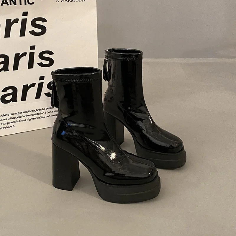 Platform Boot Shoes for Women Modern Western Black Femme Botas Punk Goth Female Winter High Heeled Shoes Round Toe Heels Botines