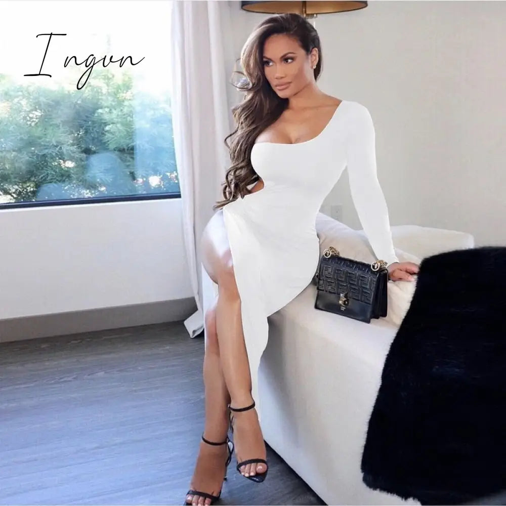 Ingvn - Summer Outfits One Shoulder Hollow Out High Split Sexy Dress Elegant Summer Dress Women Party Club Dresses Female New Black Bodycon Dress