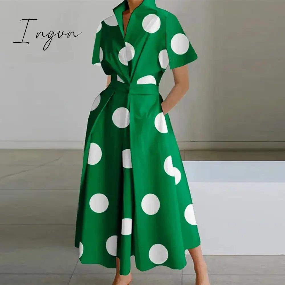 Ingvn - Vintage Abstract Print Boho Long Dress 2023 Spring Waist Buttoned Lapel Shirt Dress Women Short Sleeve A-Line Summer Beach Dress