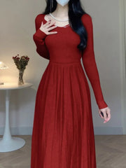 Elegant Casual Pleated Knitted Dress for Women Korean Autumn Slim A Line Sweater Dresses Long Sleeve One Piece Female Clothes