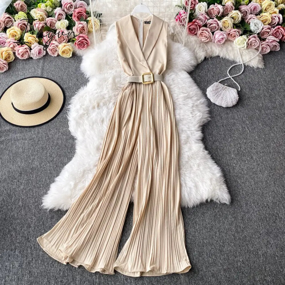 Ingvn - Vintage Notched Collar Draped Rompers For Women Casual Sleeveless High Waist Wide Leg Playsuits Female Beige/Green Jumpsuit