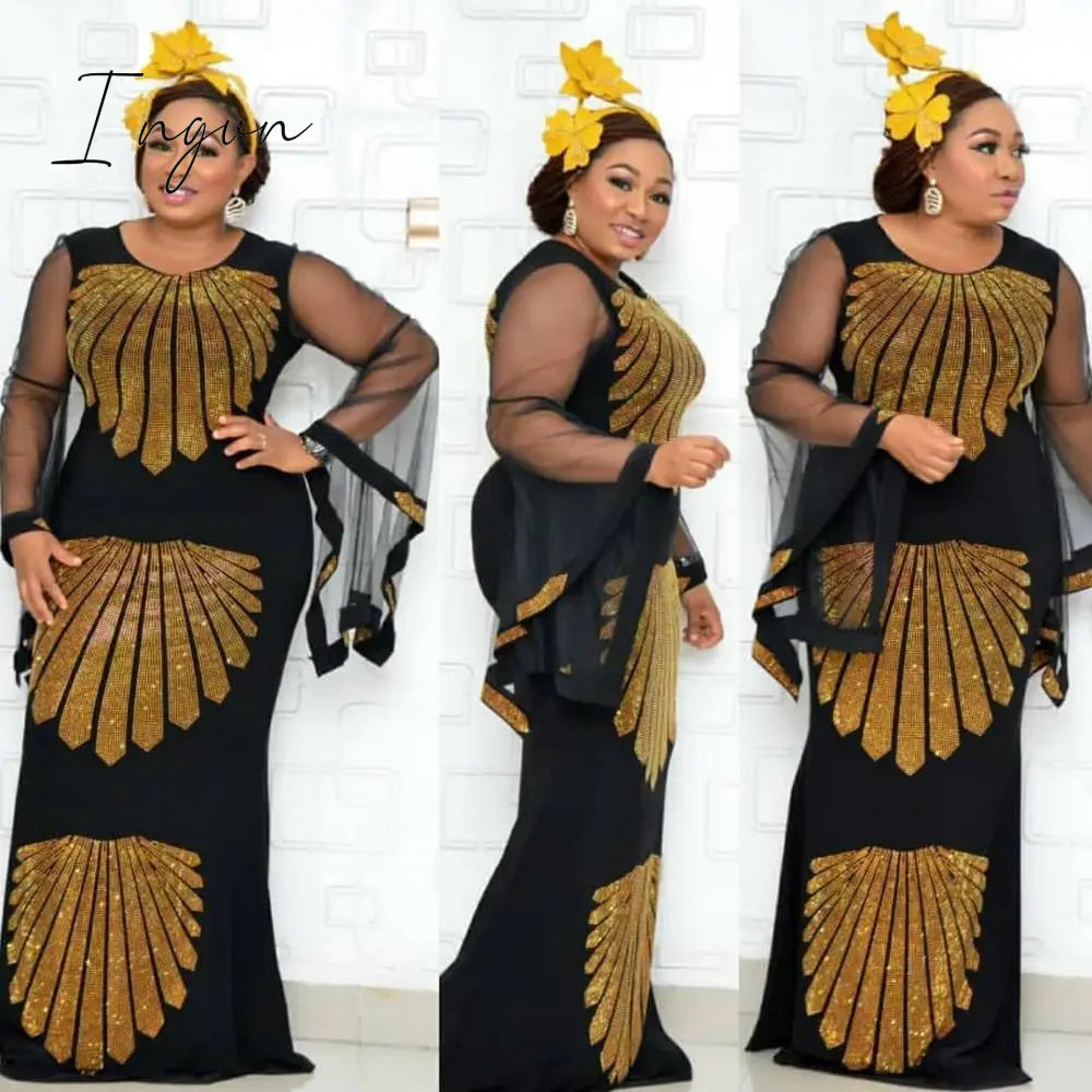 Ingvn - African mom dress fashion gauze horn sleeve hot diamond hip-covered fish tail large size stretch dress