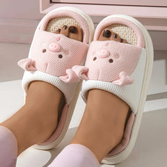 Ingvn  Cute Cartoon Pig Hemp Slippers Women  Winter Comfort Soft Sole Funny Cotton Slippers Woman Non Slip Flat Heels House Shoes