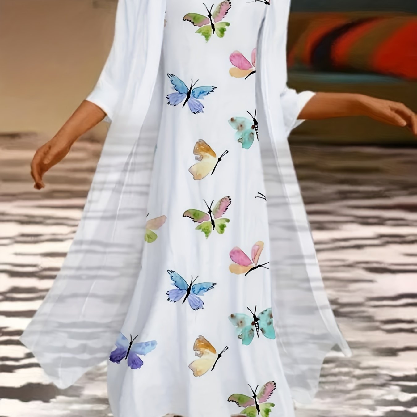 Plus Size Outfits Set, Women's Plus Floral Print Round Neck Tank Dress & Long Sleeve Coat Outfits Two Piece Set