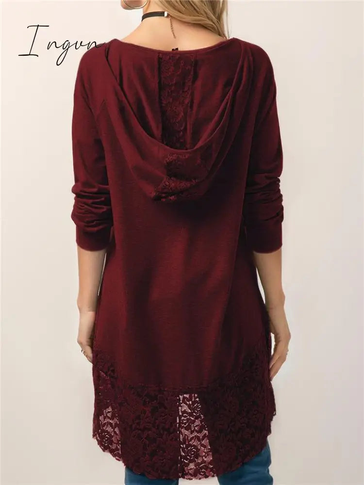 Ingvn - Women Pure Color Lace Patchwork Long Sleeve T-shirt With Hood
