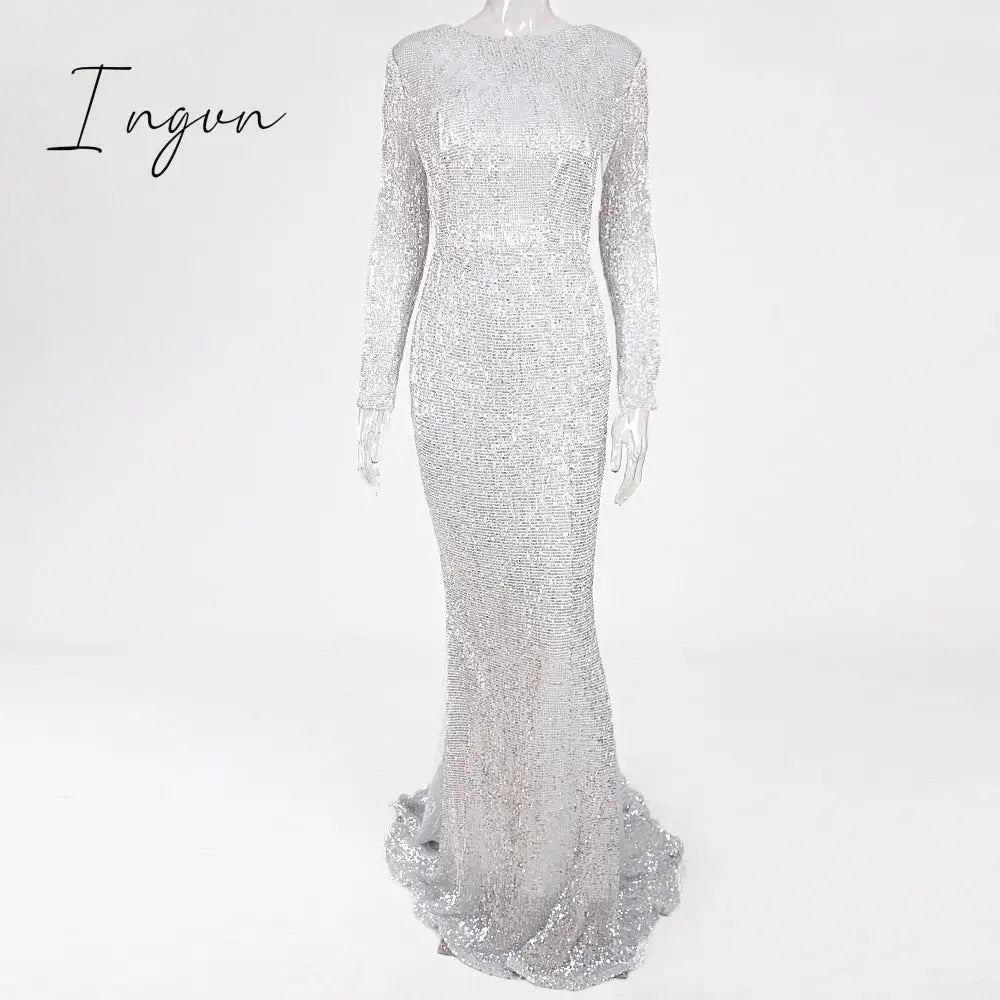 Ingvn - Elegant O Neck Long Sleeve Sequin Maxi Dress Floor Length Stretchy Bodycon Party Dress Gold Green Burgundy Black