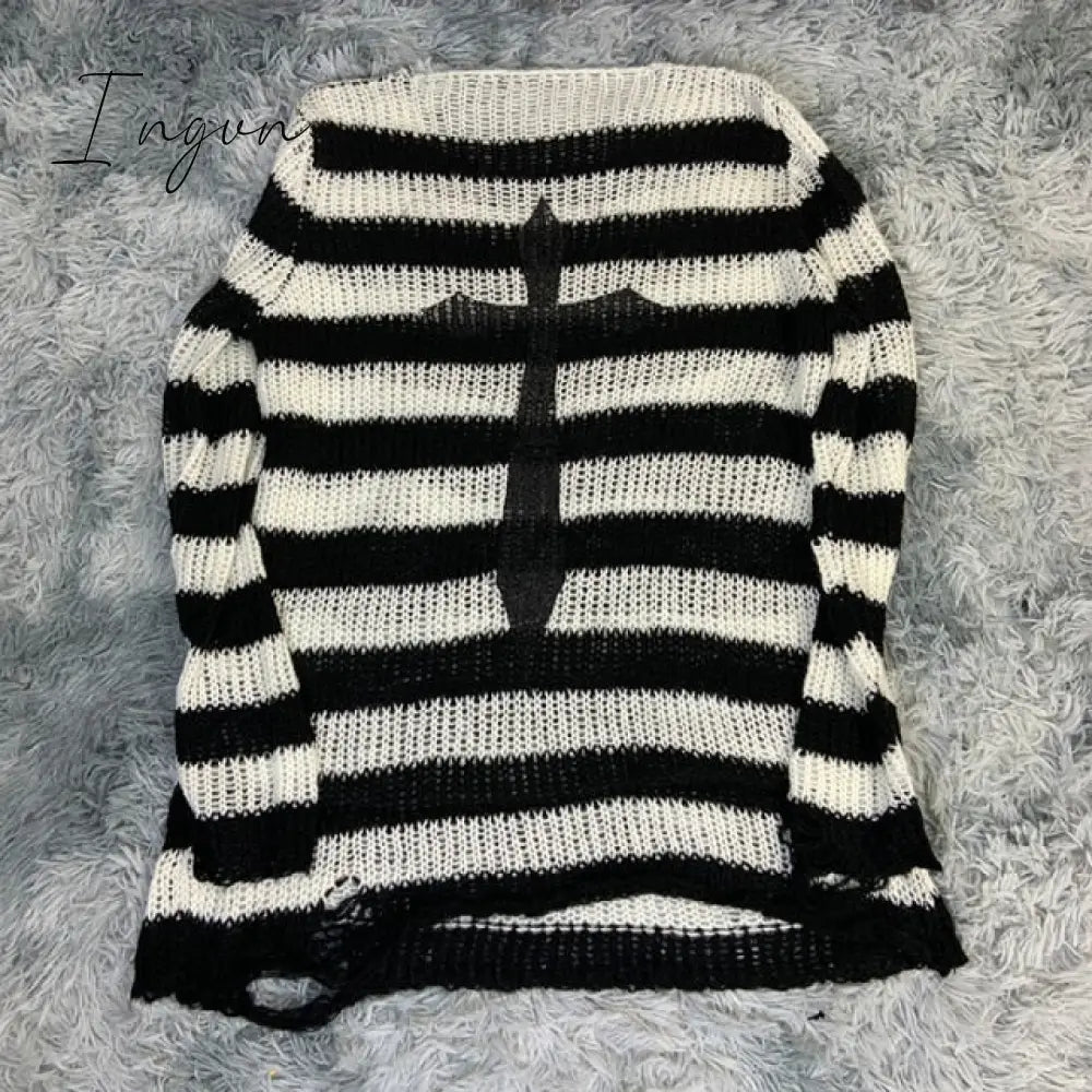 Ingvn - Plus Size Punk Gothic Long Unisex Sweater Dress Cool Hollow Out Hole Broken Jumper Loose Rock Thin Sweter Women Man Striped