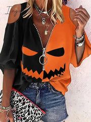 Ingvn - Women's Shirt Blouse Orange Pumpkin Ghost Cut Out Quarter Zip 3/4 Length Sleeve Halloween Weekend Streetwear Casual V Neck Regular S