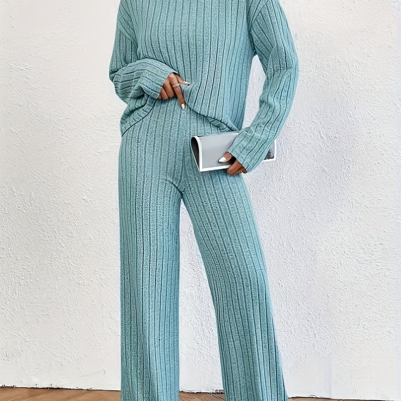 Solid Ribbed Two-piece Set, Casual Mock Neck T-shirt & Wide Leg Pants Outfits, Women's Clothing
