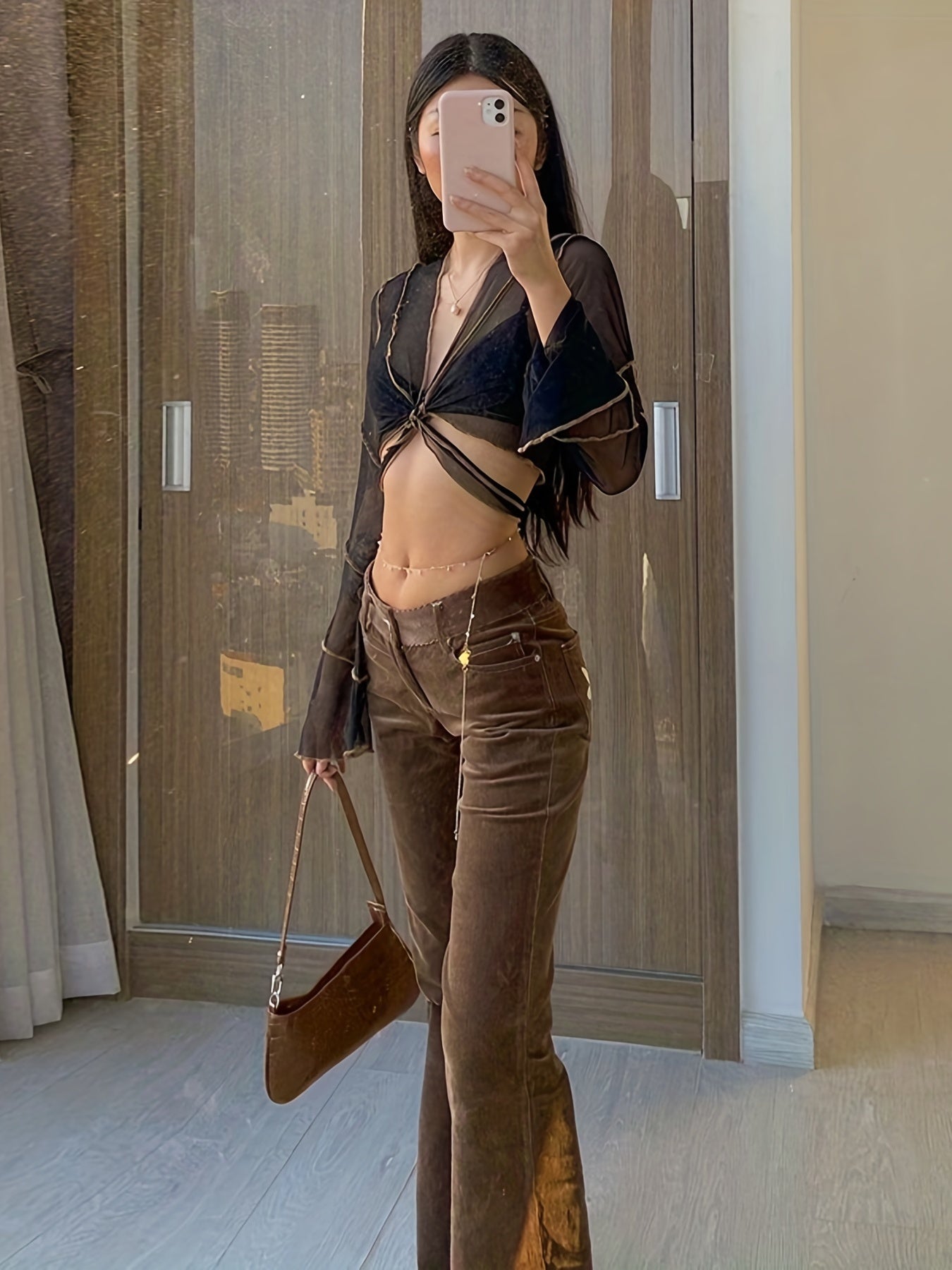 Sexy Women's Bell Sleeve Mesh Crop Top for Spring & Summer, Casual Slim Fit Clothing