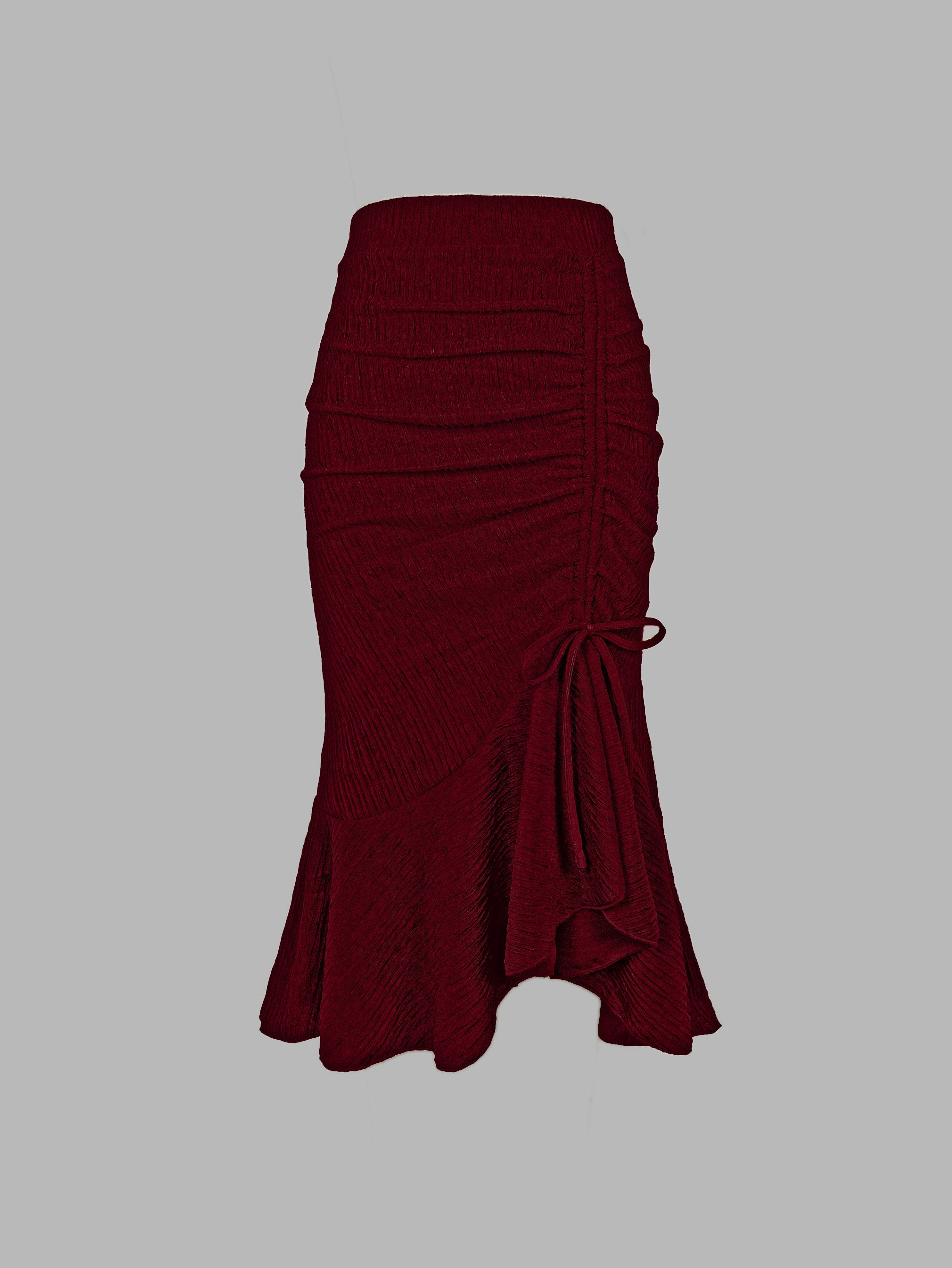 Solid Textured Drawstring Bodycon Skirt, Elegant High Waist Mermaid Hem Ruched Skirt, Women's Clothing