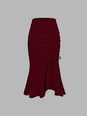 Solid Textured Drawstring Bodycon Skirt, Elegant High Waist Mermaid Hem Ruched Skirt, Women's Clothing