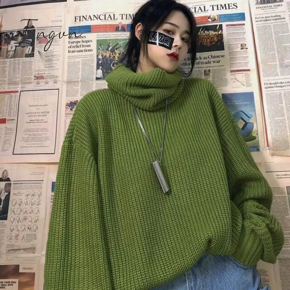 Ingvn - Solid Color Turtleneck Knitted Loose Sweater