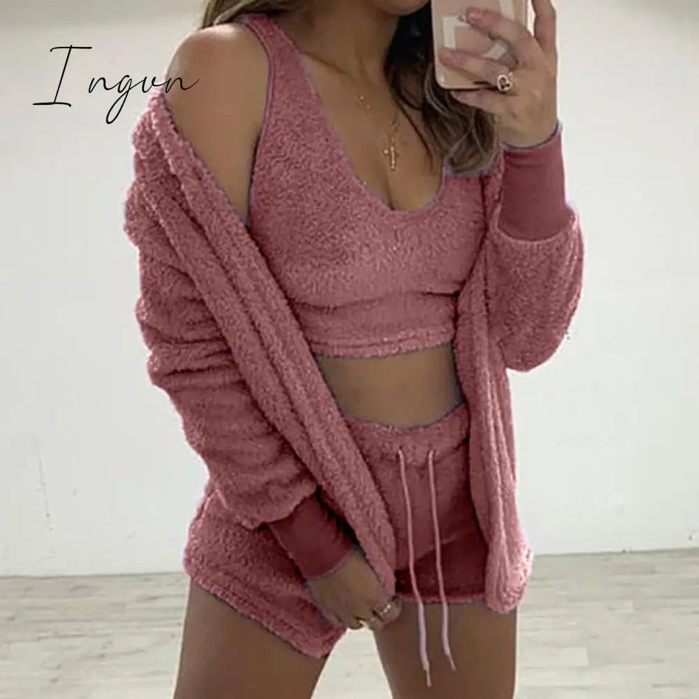 Ingvn - Three Piece Sexy Fluffy Outfits Plush Velvet Hooded Cardigan Coat+Shorts+Crop Top Women Tracksuit Sets Casual Sports Sweatshirt