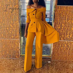 Ingvn - Women Fashion Trends Women's Suit Pantsuit African Long-sleeved Coat + Trousers Two-piece Spring/fall New Solid Color Business Suit