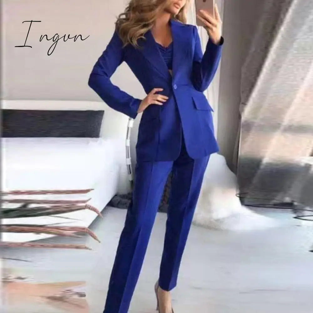 Ingvn - Woman Vintage Black Slim Fit Blazer 3 Pcs Suit Autumn Elegant Female Solid Matching Sets V-Neck Casual Office Three Piece Set