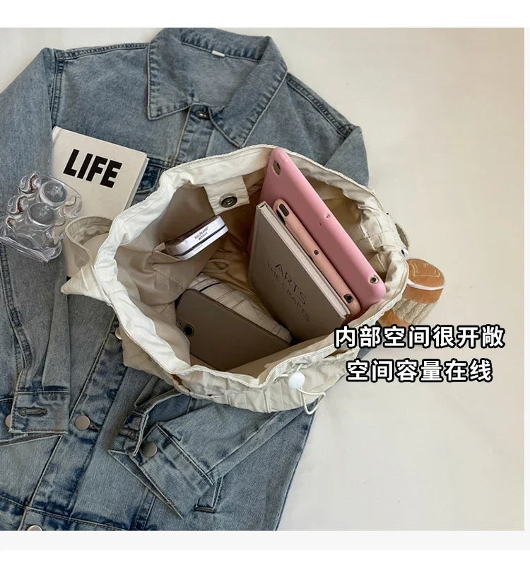 Ingvn  Simple Pleated Women's Shoulder Bag Soft Nylon Ladies Crossbody Bags Vintage Large Capacity Female Tote Drawstring Handbags