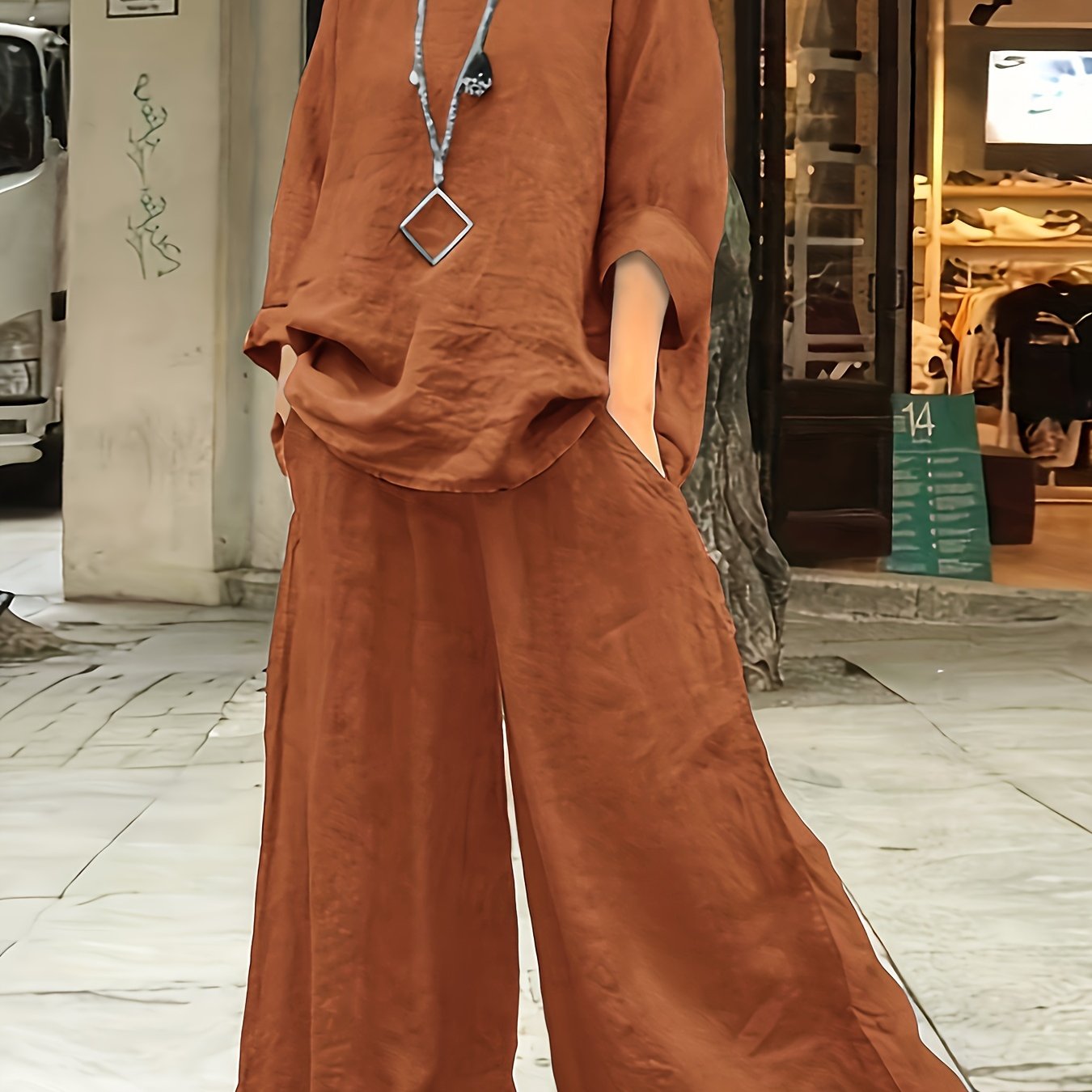 Plus Size Casual Outfits Set, Women's Plus Solid Round Neck Long Sleeve Top & Wide Leg Pants With Pockets Outfits Two Piece Set