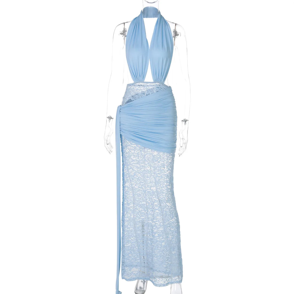 Halter Deep V Neck Sexy Maxi Dress For Women Elegant Fashion Lace Sleeveless Backless Ruched Bodycon Club Long Dress