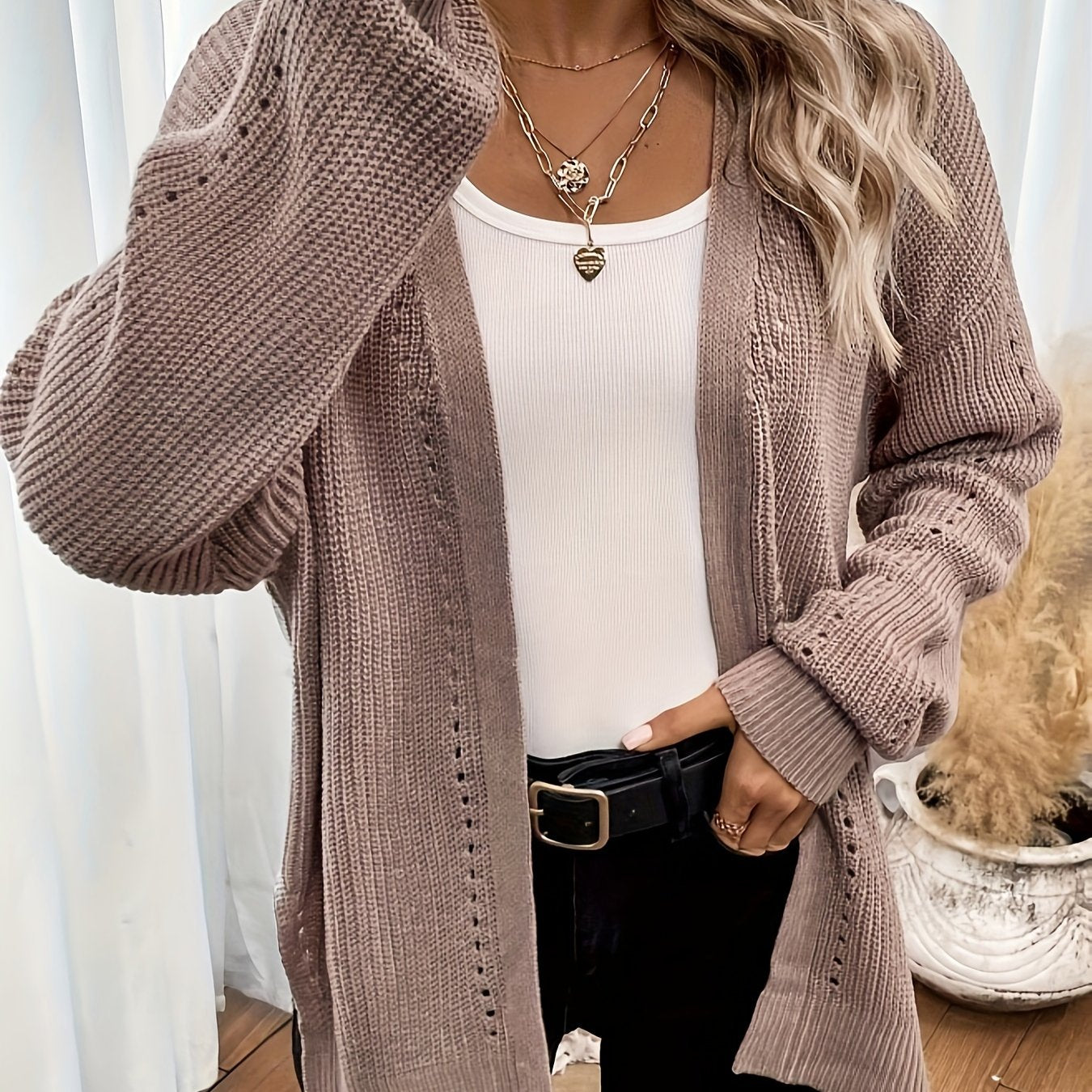 Solid Color Open Front Cardigan, Casual Long Sleeve Cardigan For Fall & Winter, Women's Clothing
